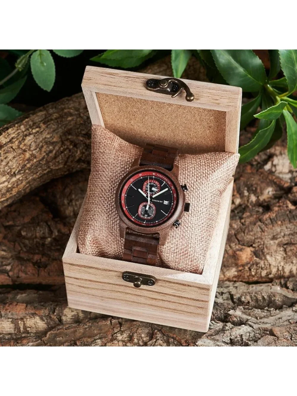 Men's Red Analog Quartz Ultra-Light Luminous Chronograph Casual Wooden Watch